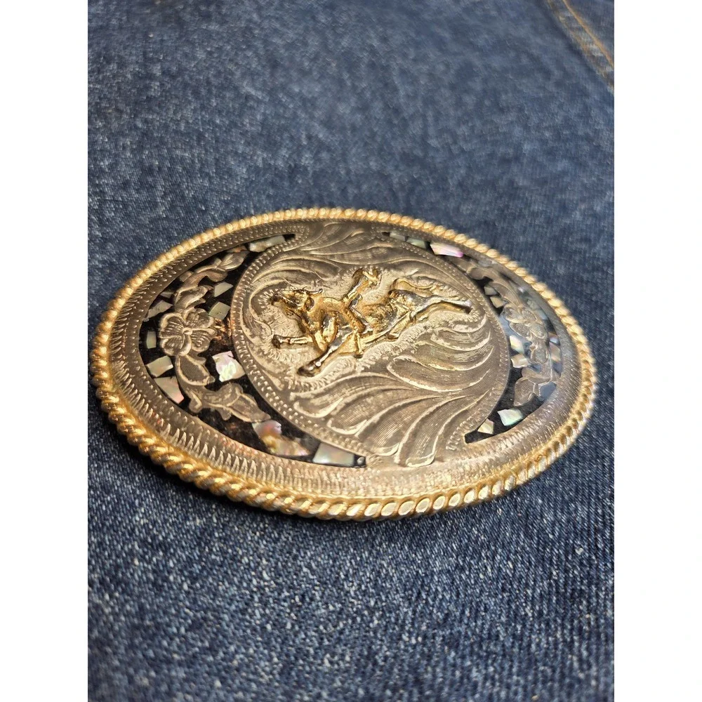 Handmade Vintage Bull Riding Abalone Shell Western Belt Buckle Southwest
